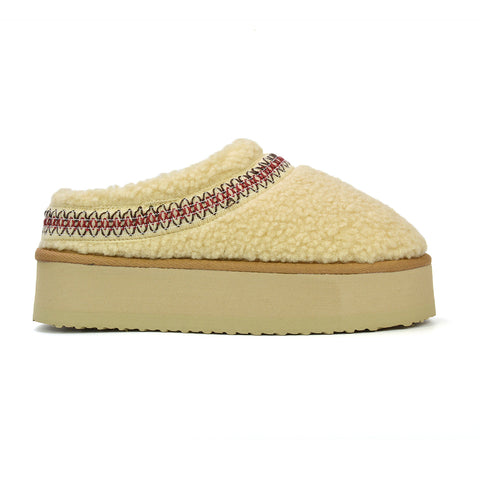 Sonya Aztec Faux Fur Teddy Platform Flatform Sole Slippers in Beige