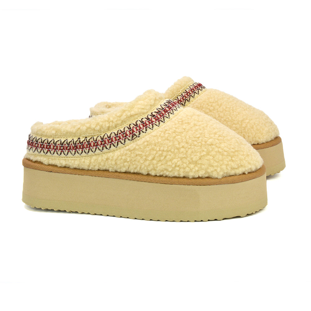 Sonya Aztec Faux Fur Teddy Platform Flatform Sole Slippers in Beige