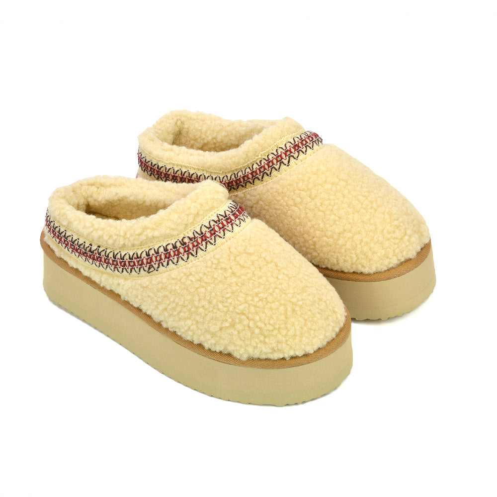 Sonya Aztec Faux Fur Teddy Platform Flatform Sole Slippers in Beige