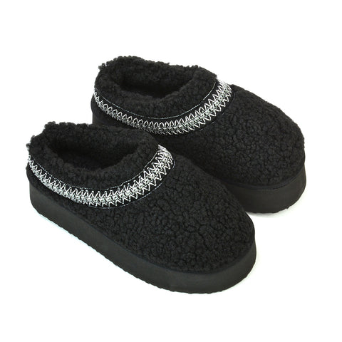 Sonya Aztec Faux Fur Teddy Platform Flatform Sole Slippers in Beige