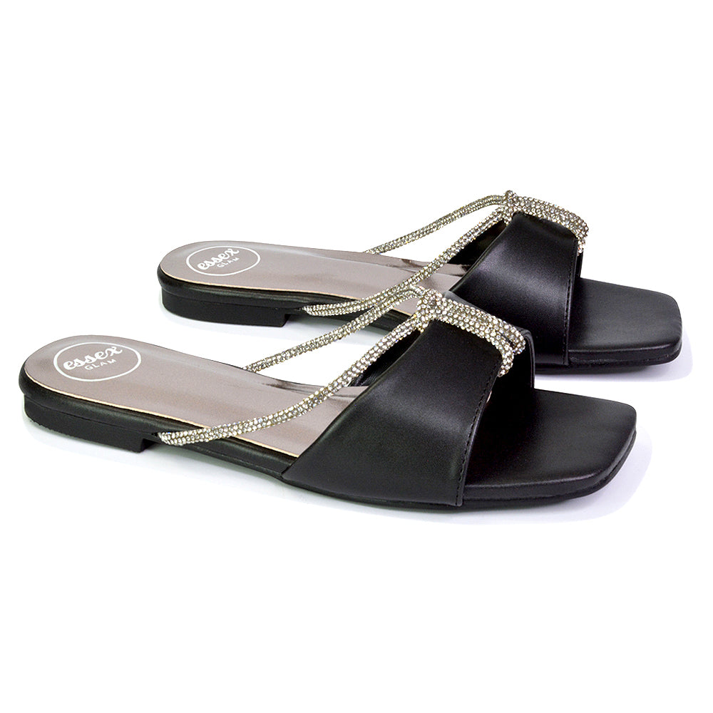 Leah Diamante Flat Sandals Square Toe Slip on Slider Mule Shoes in Black
