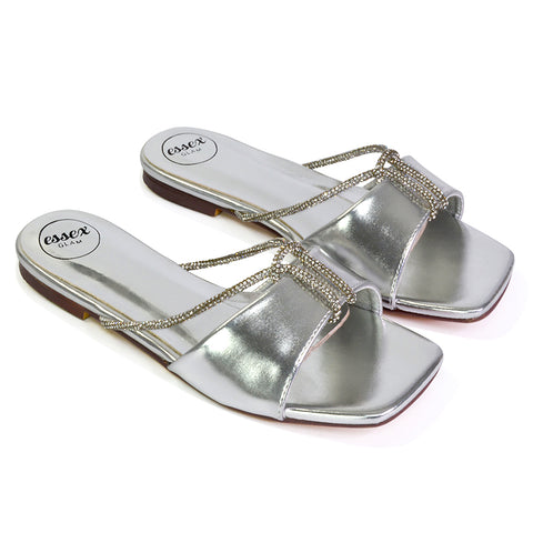 Leah Diamante Flat Sandals Square Toe Slip on Slider Mule Shoes in Silver