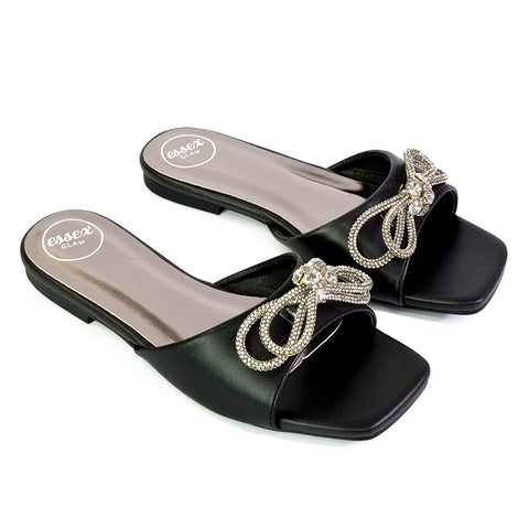 Farah Diamante Bow Square Toe Slip on Flat Summer Sandal Sliders in Silver