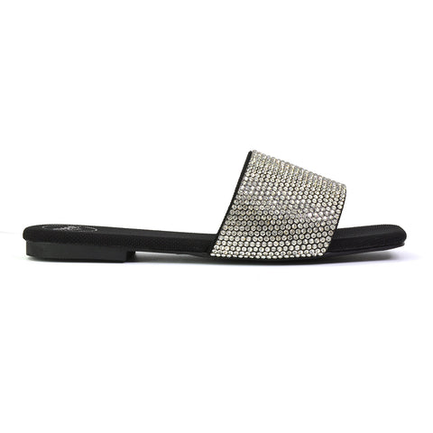 Vanity Flat Diamante Gem Crystal Sandals with a Square Toe in Black