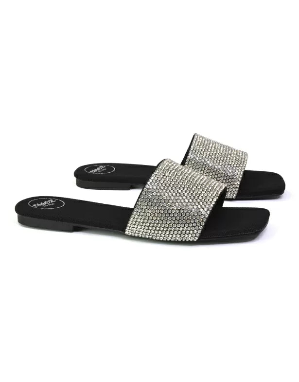 Vanity Flat Diamante Gem Crystal Sandals with a Square Toe in Black