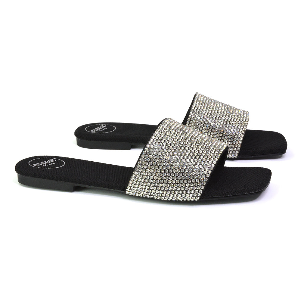 Vanity Flat Diamante Gem Crystal Sandals with a Square Toe in Black