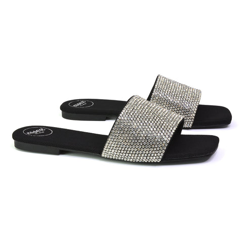 Vanity Flat Diamante Gem Crystal Sandals with a Square Toe in Gold