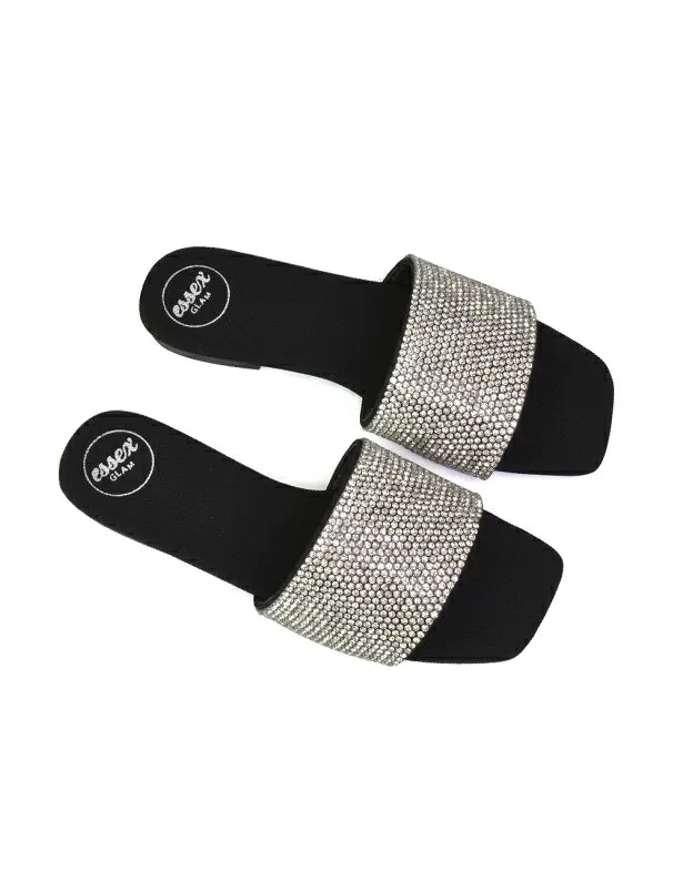 Vanity Flat Diamante Gem Crystal Sandals with a Square Toe in Silver