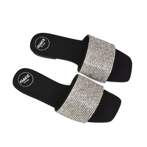 Vanity Flat Diamante Gem Crystal Sandals with a Square Toe in Black
