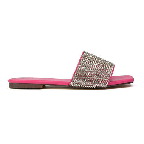 Vanity Flat Diamante Gem Crystal Sandals with a Square Toe in Black