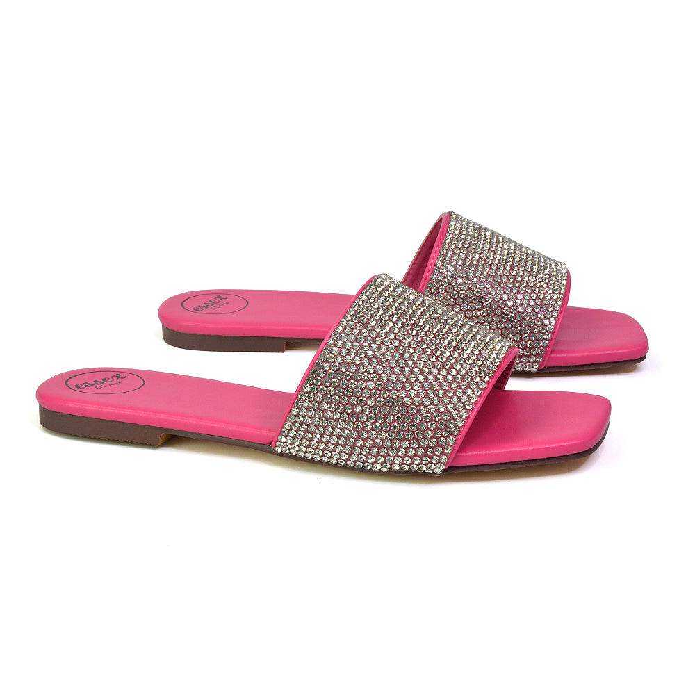 Vanity Flat Diamante Gem Crystal Sandals with a Square Toe in Silver