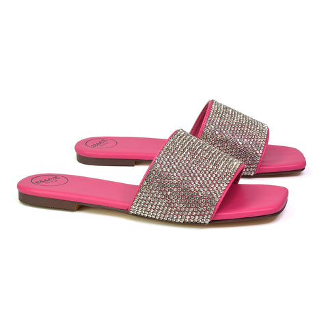 Vanity Flat Diamante Gem Crystal Sandals with a Square Toe in Gold