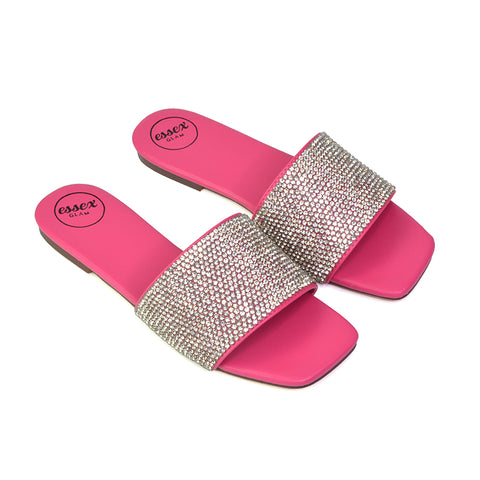 Vanity Flat Diamante Gem Crystal Sandals with a Square Toe in Silver