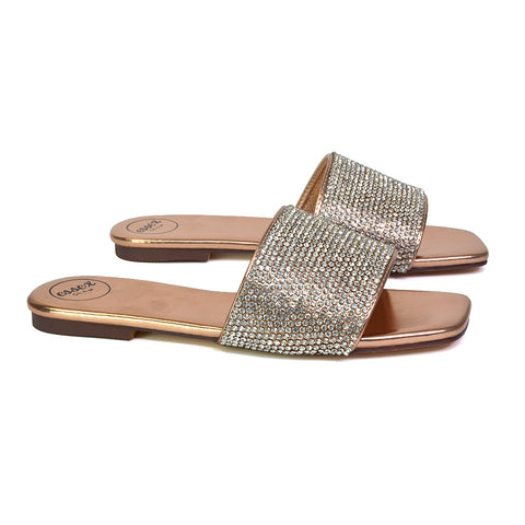 Vanity Flat Diamante Gem Crystal Sandals with a Square Toe in Gold