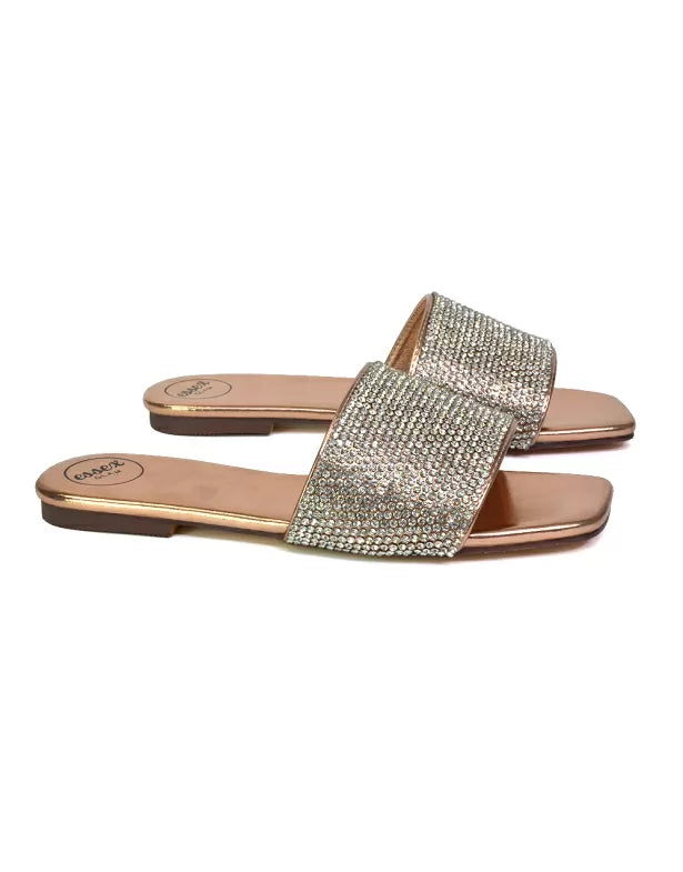 Vanity Flat Diamante Gem Crystal Sandals with a Square Toe in Gold