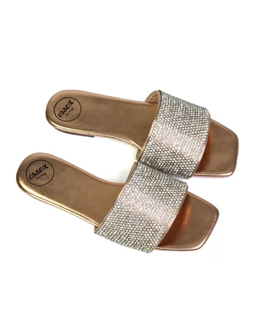 Vanity Flat Diamante Gem Crystal Sandals with a Square Toe in Silver