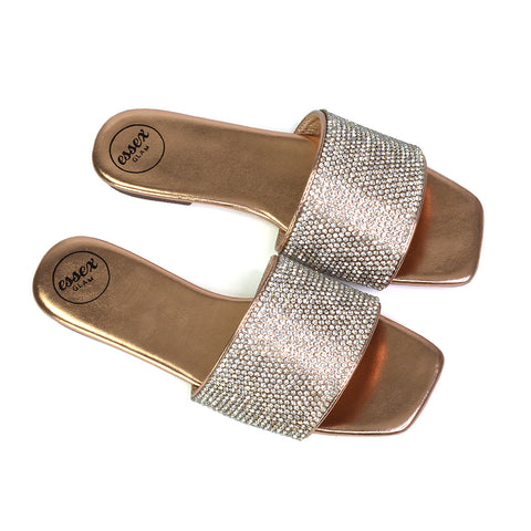 Vanity Flat Diamante Gem Crystal Sandals with a Square Toe in Silver