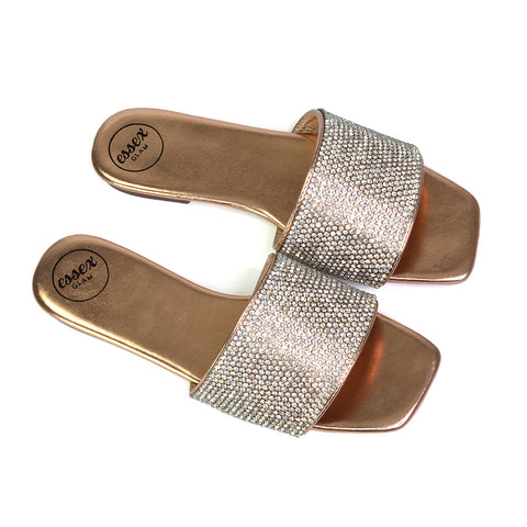Vanity Flat Diamante Gem Crystal Sandals with a Square Toe in Fuchsia