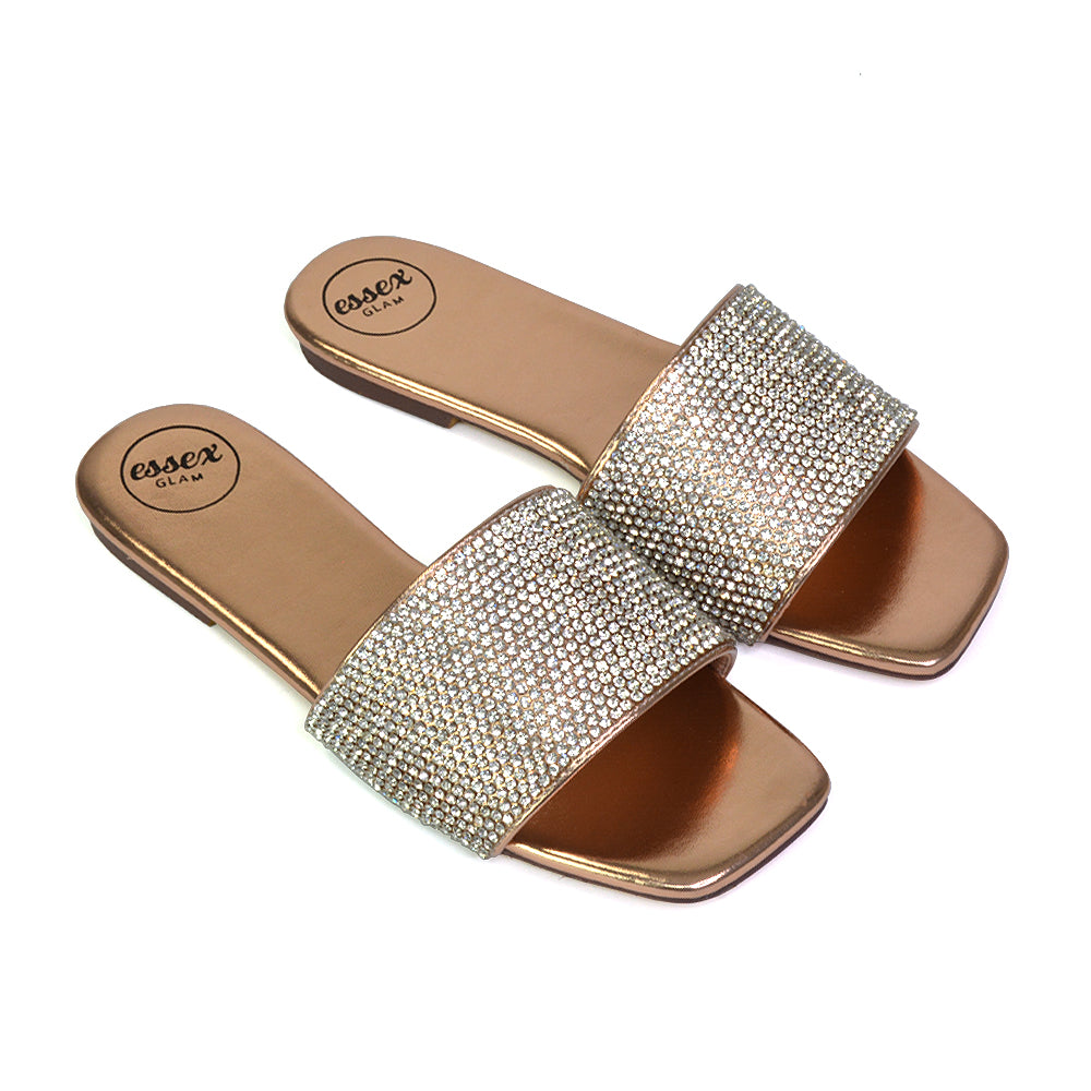 Vanity Flat Diamante Gem Crystal Sandals with a Square Toe in Silver