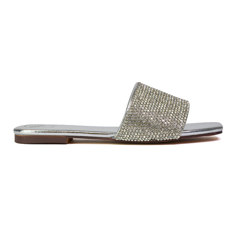 Vanity Flat Diamante Gem Crystal Sandals with a Square Toe in Silver