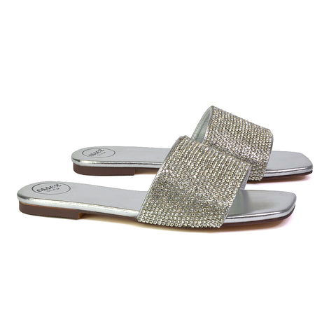 Vanity Flat Diamante Gem Crystal Sandals with a Square Toe in Gold