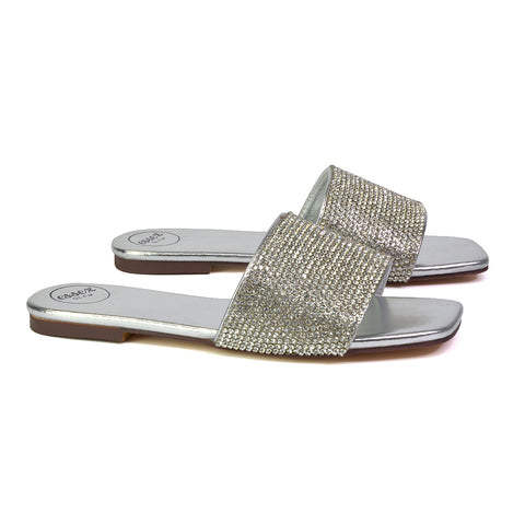 Vanity Flat Diamante Gem Crystal Sandals with a Square Toe in Silver
