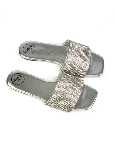 Vanity Flat Diamante Gem Crystal Sandals with a Square Toe in Silver