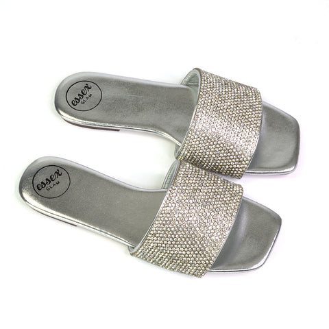 Vanity Flat Diamante Gem Crystal Sandals with a Square Toe in Silver