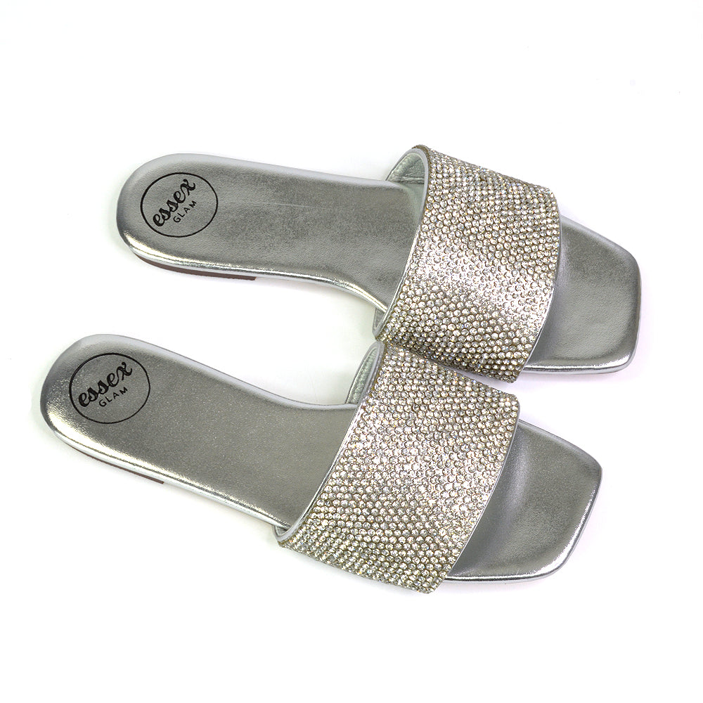 Vanity Flat Diamante Gem Crystal Sandals with a Square Toe in Black