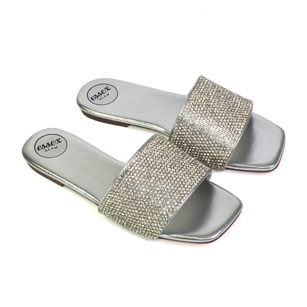 Vanity Flat Diamante Gem Crystal Sandals with a Square Toe in Gold