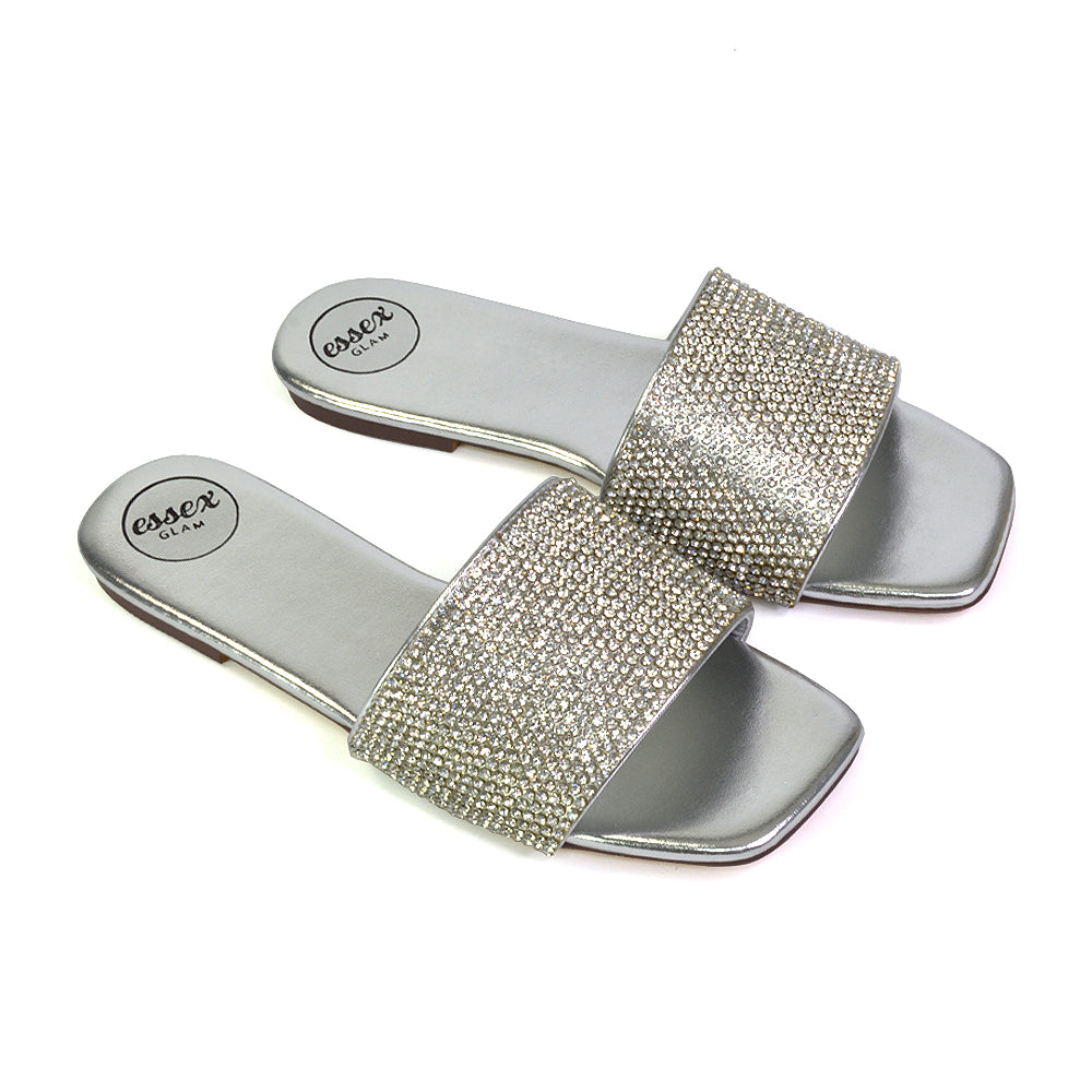 Vanity Flat Diamante Gem Crystal Sandals with a Square Toe in Fuchsia