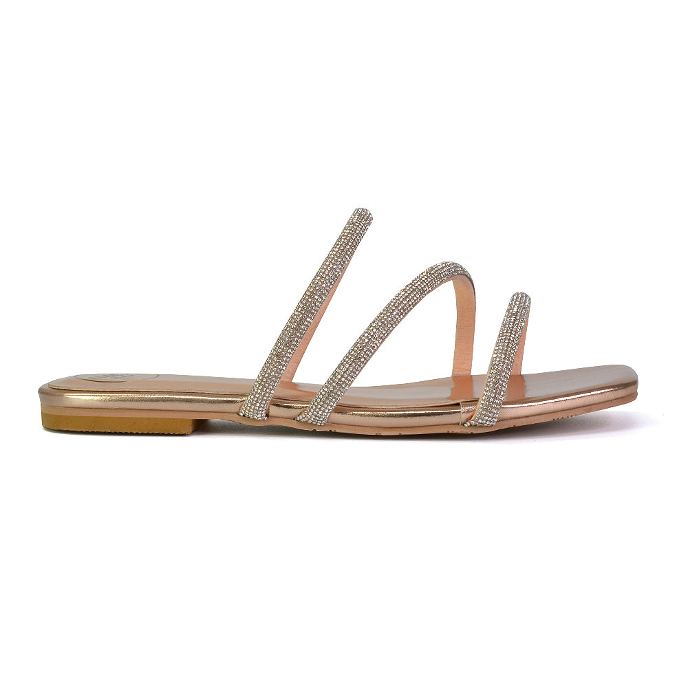 Santos Square Toe Strappy Slip On Crystal Gem Diamante Flat Sandals in Rose Gold