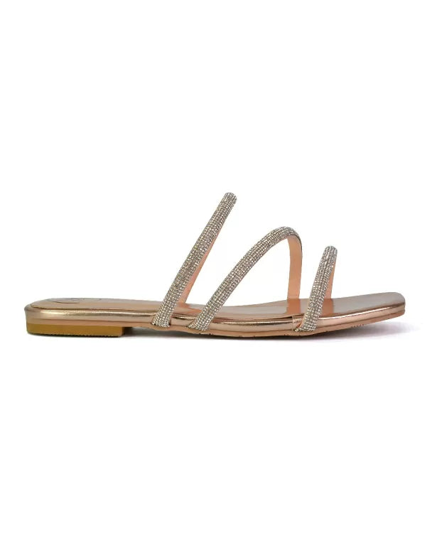 Santos Square Toe Strappy Slip On Crystal Gem Diamante Flat Sandals in Rose Gold