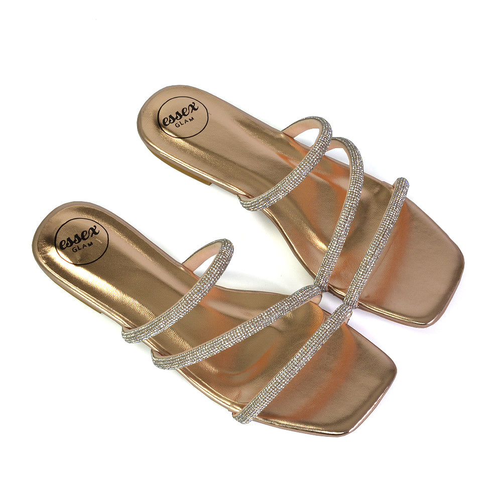 Santos Square Toe Strappy Slip On Crystal Gem Diamante Flat Sandals in Rose Gold