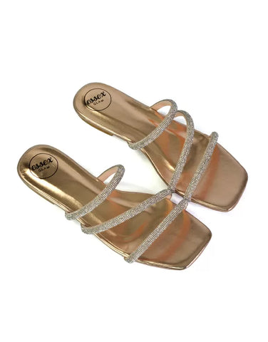 Santos Square Toe Strappy Slip On Crystal Gem Diamante Flat Sandals in Rose Gold