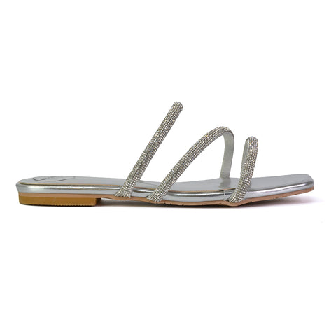 Santos Square Toe Strappy Slip On Crystal Gem Diamante Flat Sandals in Rose Gold