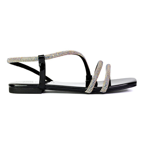 Dove Sparkly Low Heel Square Toe Strappy Diamante Flat Sandals in Silver
