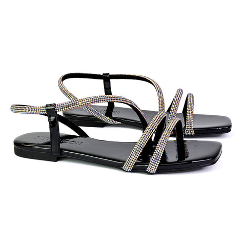 Dove Sparkly Low Heel Square Toe Strappy Diamante Flat Sandals in Black