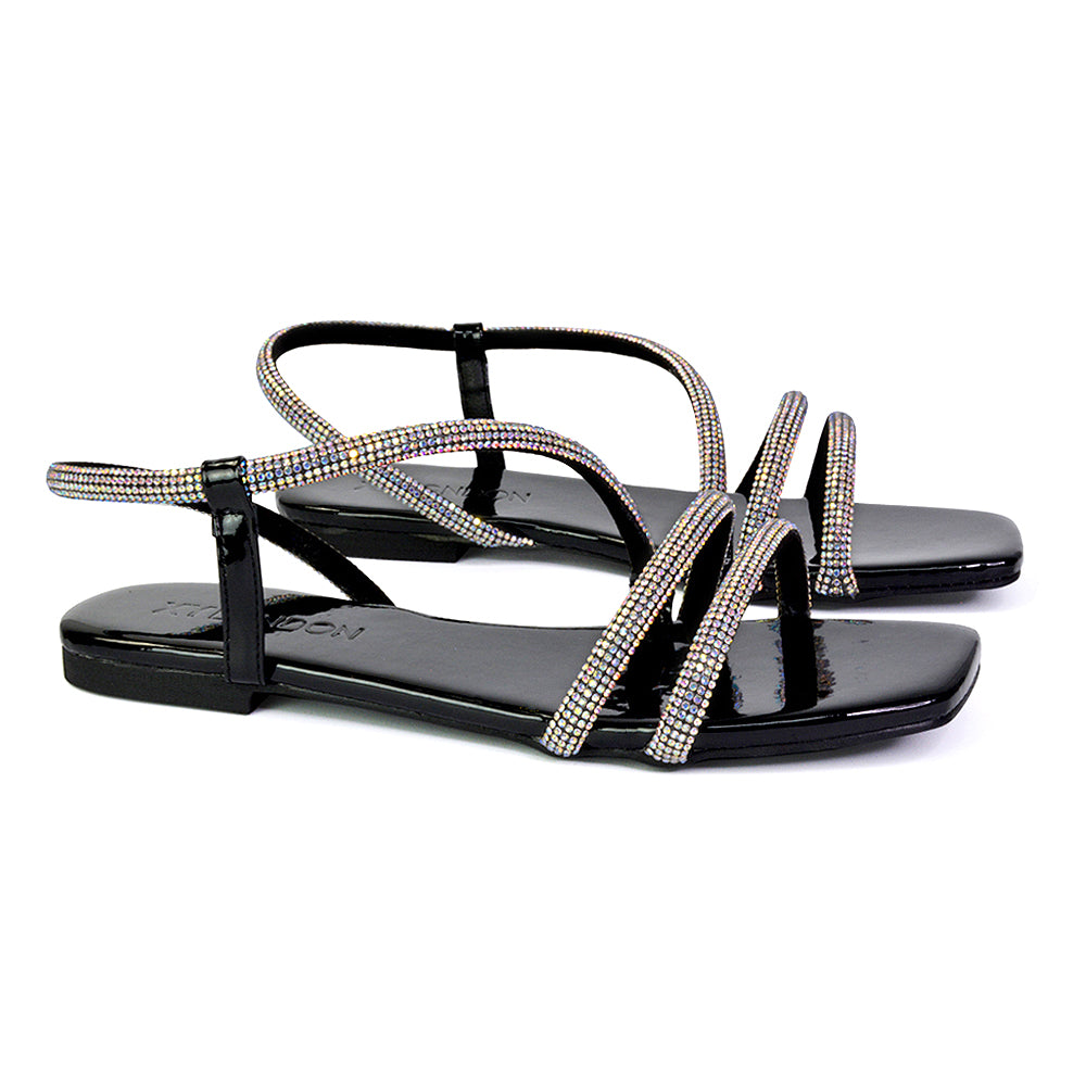 black flat diamante sandals