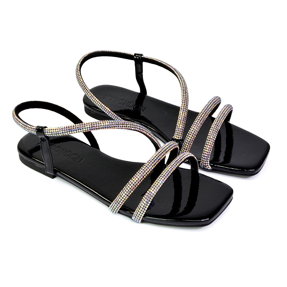 Dove Sparkly Low Heel Square Toe Strappy Diamante Flat Sandals in Black