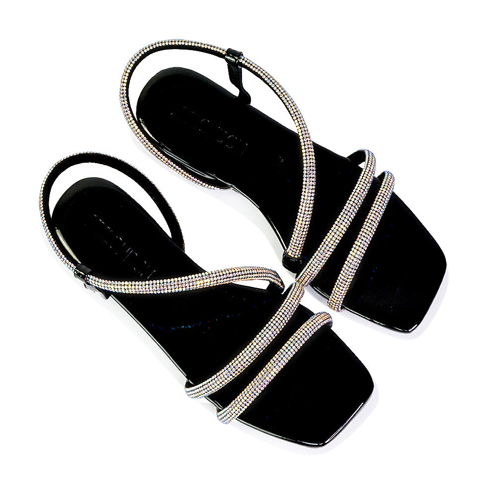 Dove Sparkly Low Heel Square Toe Strappy Diamante Flat Sandals in Black
