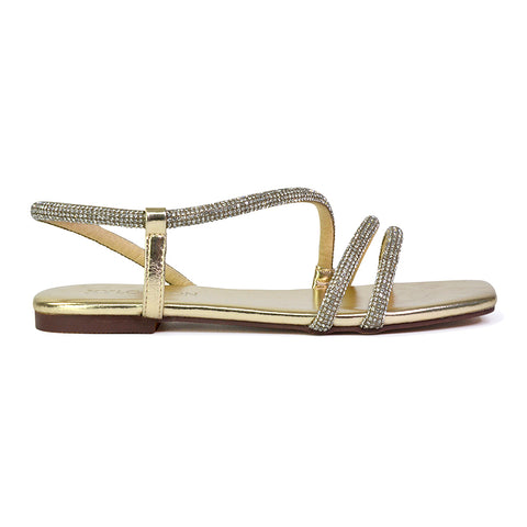 Dove Sparkly Low Heel Square Toe Strappy Diamante Flat Sandals in Silver