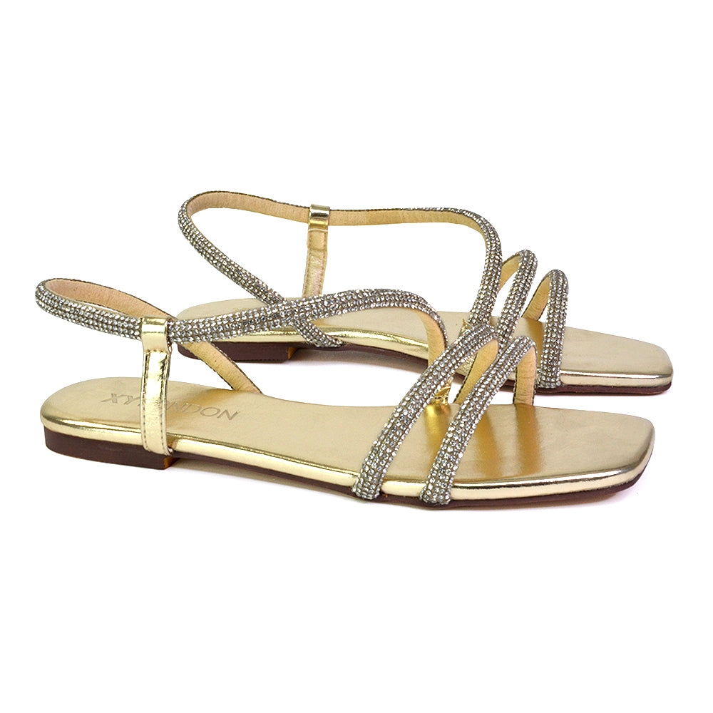 Dove Sparkly Low Heel Square Toe Strappy Diamante Flat Sandals in Gold