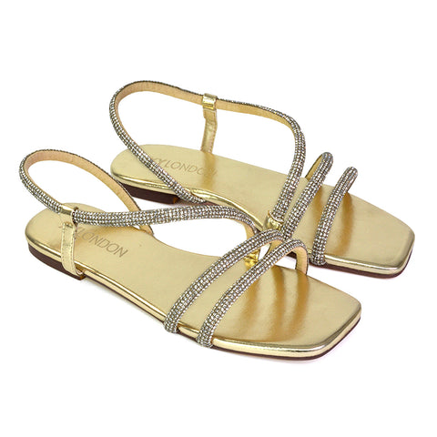 Dove Sparkly Low Heel Square Toe Strappy Diamante Flat Sandals in Gold