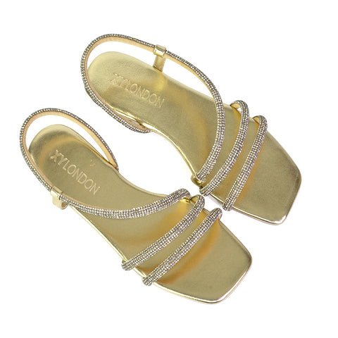 Dove Sparkly Low Heel Square Toe Strappy Diamante Flat Sandals in Silver