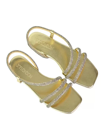 Dove Sparkly Low Heel Square Toe Strappy Diamante Flat Sandals in Gold