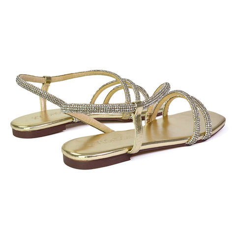 Dove Sparkly Low Heel Square Toe Strappy Diamante Flat Sandals in Silver