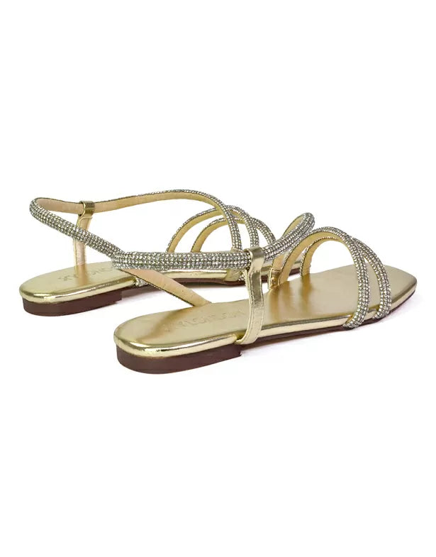 Dove Sparkly Low Heel Square Toe Strappy Diamante Flat Sandals in Gold
