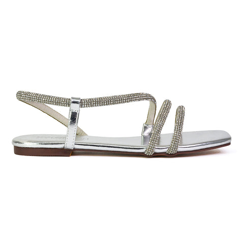 Dove Sparkly Low Heel Square Toe Strappy Diamante Flat Sandals in Silver