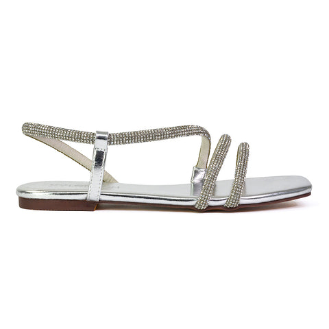 Dove Sparkly Low Heel Square Toe Strappy Diamante Flat Sandals in Gold
